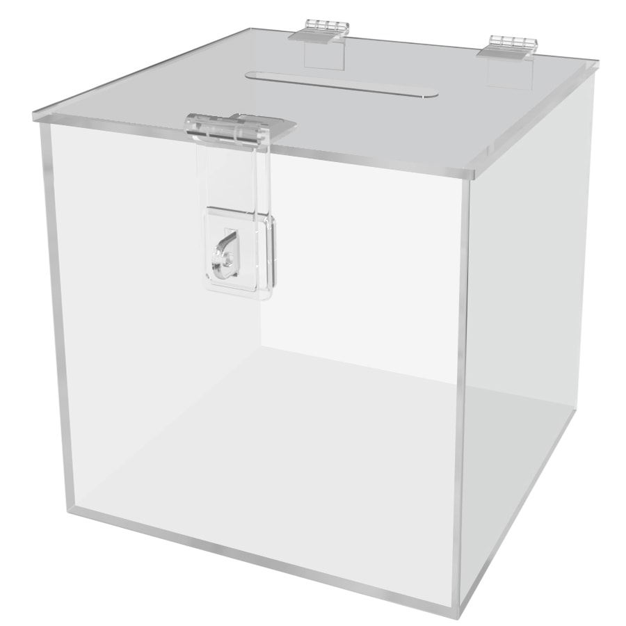 12 inch Cube Ballot Box, Suggestion Box with Key Lock and Side Pocket, Security Pen Included - Clear Acrylic (Bb)