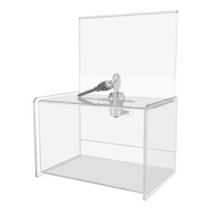 A Clear Acrylic donation / ballot box showcases with keyed lock