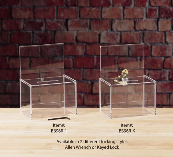 A Clear Acrylic donation / ballot box showcases with 2 different locking styles