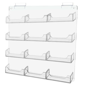 A transparent 12 pocket slatwall business card plastic rack with six shelves for displaying items.