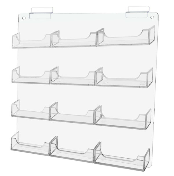 A transparent 12 pocket slatwall business card plastic rack with six shelves for displaying items.