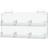 A transparent 6 pockets slatwall business card holders plastic rack with two shelves for displaying items.