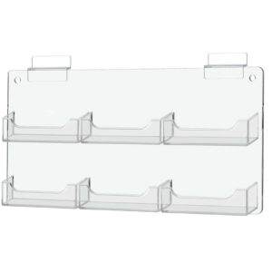 A transparent 6 pockets slatwall business card holders plastic rack with two shelves for displaying items.