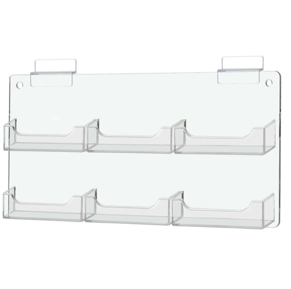 A transparent 6 pockets slatwall business card holders plastic rack with two shelves for displaying items.