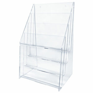 A transparent plastic rack with Four shelves for displaying items.