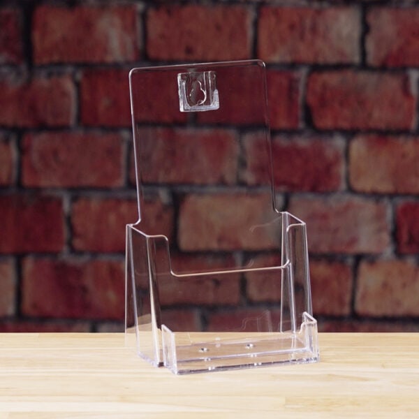 Clear Trifold Brochure holder for Wall or Counter with business card pocket