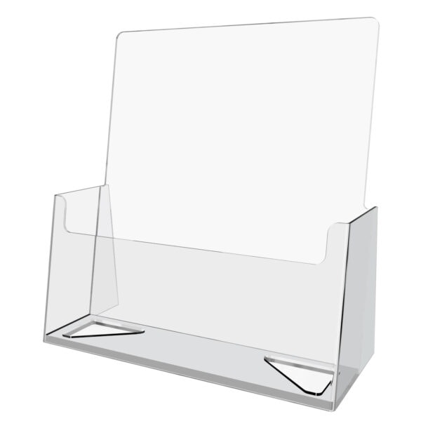 A sleek Clear letter size Brochure holder placed on a countertop, creating a seamless and elegant look.