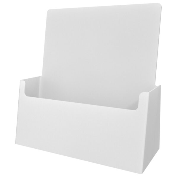 A sleek white letter size Brochure holder placed on a countertop, creating a seamless and elegant look.