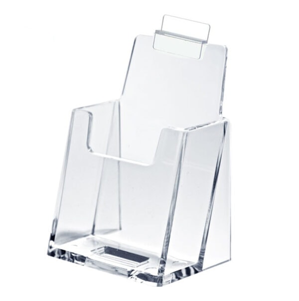 A transparent acrylic slatwall business cardholder with a plastic cover, allowing easy visibility of the contents.