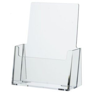 A sleek Clear Pamphlet size Brochure holder placed on a countertop, creating a seamless and elegant look.