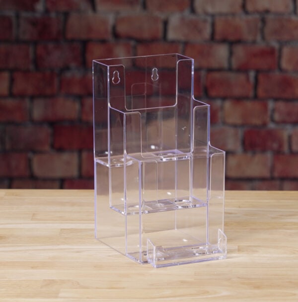 Clear 3 Pocket wall mount or counterop brochure holder with business card pocket