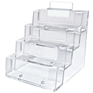 A clear acrylic slatwall business display case with four compartments, perfect for showcasing small items or organizing belongings.