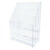A transparent plastic rack with three shelves for displaying items.