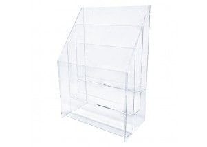 A transparent plastic rack with three shelves for displaying items.