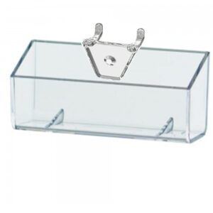 A transparent clear acrylic pegboard business card holder with a plastic cover, allowing easy visibility of the contents.