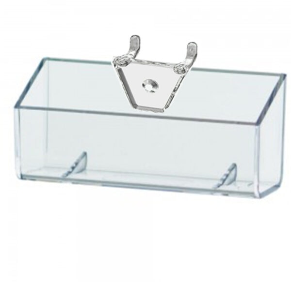 A transparent clear acrylic pegboard business card holder with a plastic cover, allowing easy visibility of the contents.